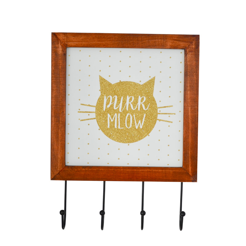 Wood, MDF & metal hooks, cat design, orange backboard frame,  4 metal hooks F19-538
