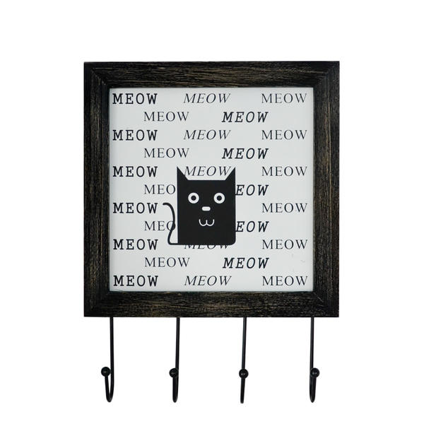 Wood, MDF & metal hooks, cat design, black backboard frame,  4 metal hooks F19-539