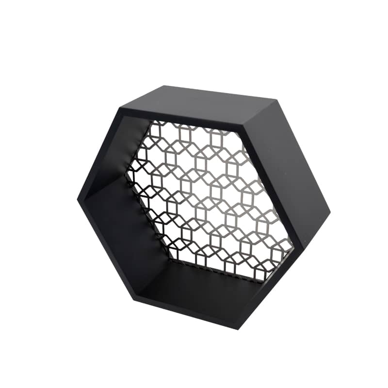 Wood & metal wall rack, hexagon, metal cutout background,  black FH203