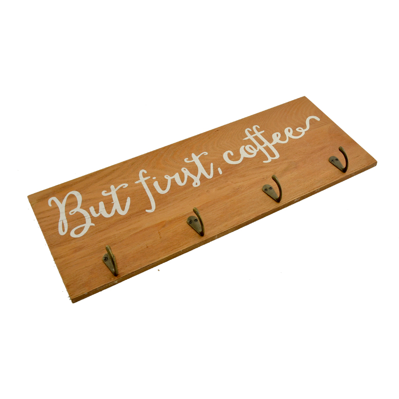 Wooden & Metal wall hooks,  4 metal hooks, brown wood backboard  T18393