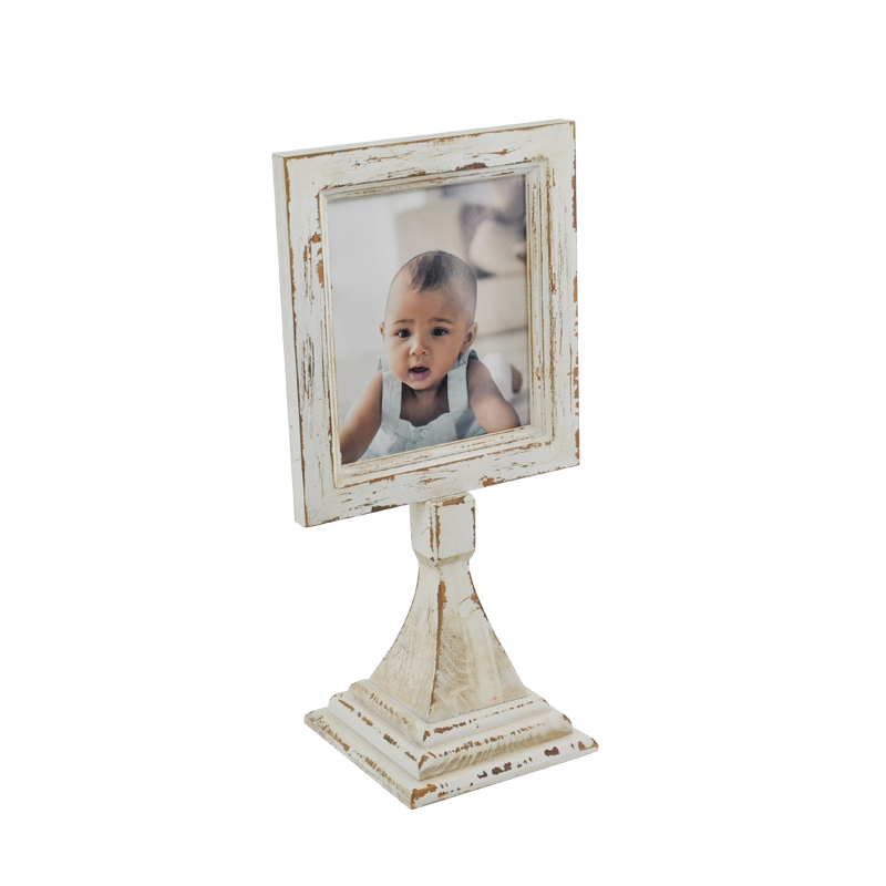 Wooden photo frame with base, square, vintage, white peel off distressed 18F149