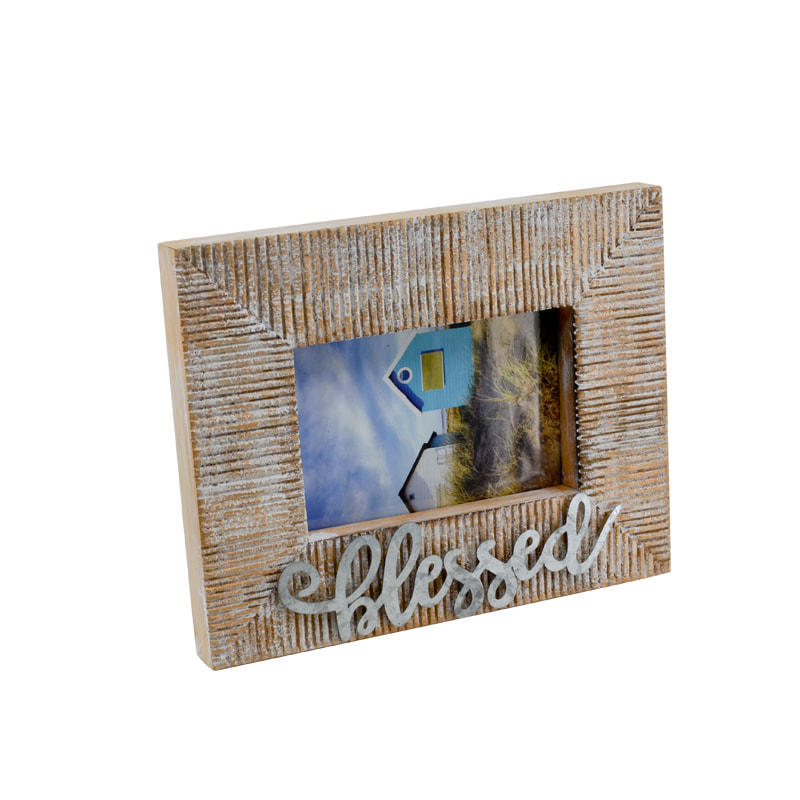 MDF photo frame with metal 'Blessed' word, linellaed surface, slightly white distressed, ractangular 18F229