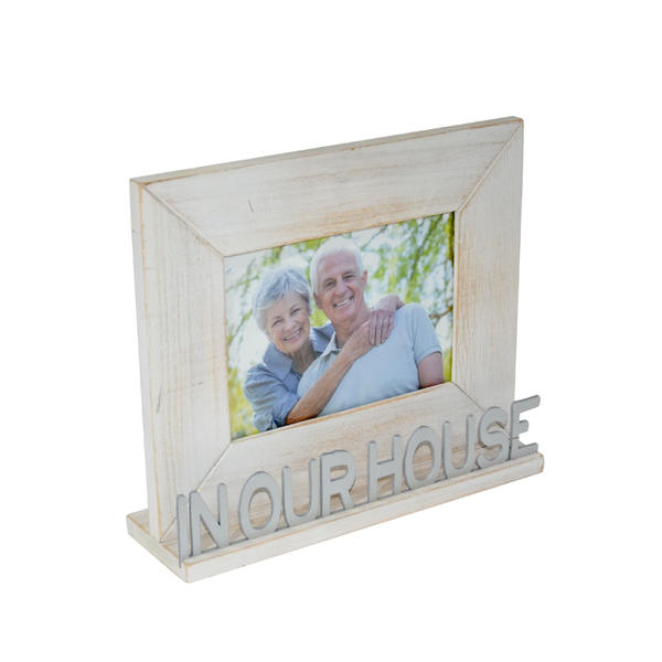 Wooden photo frame, with wording ' in our house ',  gray distressed, ractangular 18F352