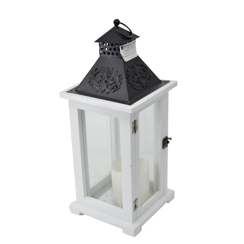 Metal top wooden and glass hurricane lamp.   Black top and white lamp 18F552