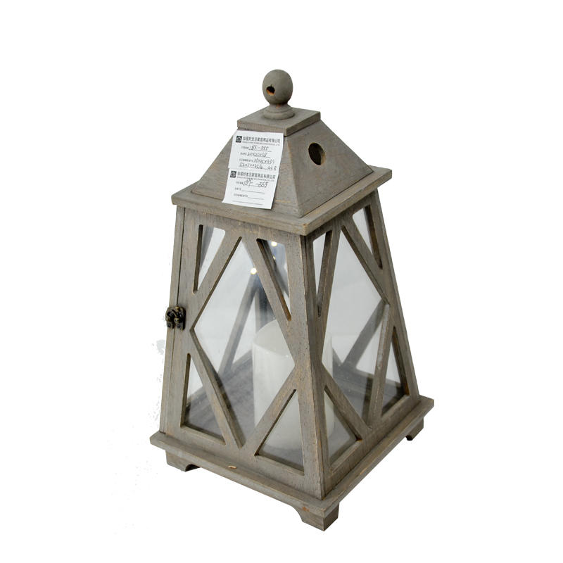 Wooden and glass hurricane lamp.   Rustic wooden lamp,  Beige and gray distressed,  Vintage 18F555