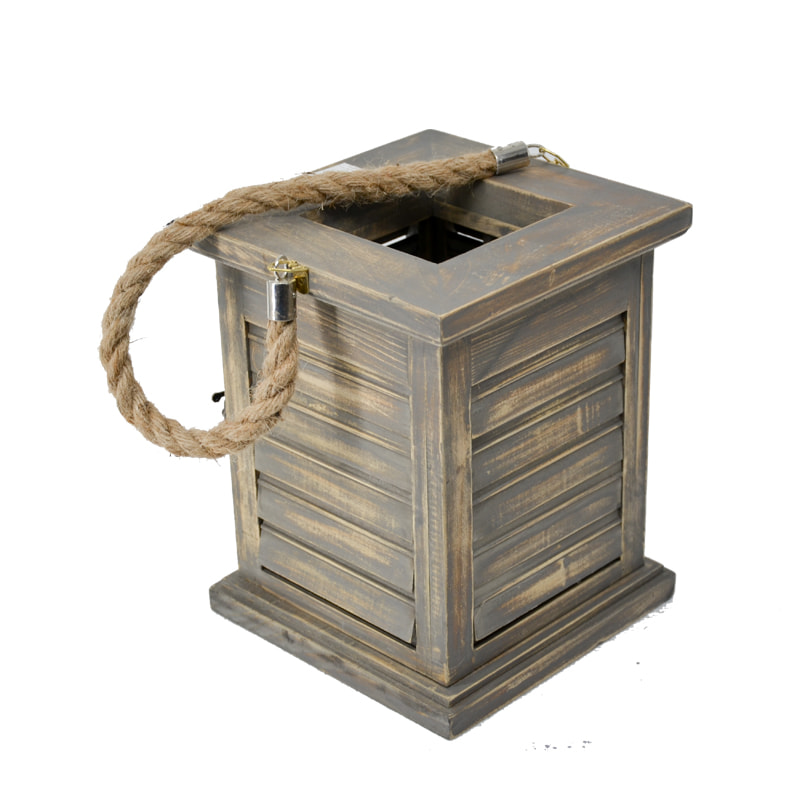 Wooden hurricane lamp with hemp sling.  Gray distressed,  Vintage 18F556
