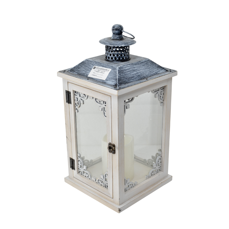 Metal top wooden and glass hurricane lamp.   Black top and white lamp 18F557