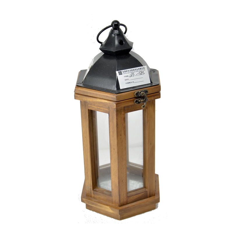 Metal top wooden and glass hurricane lamp.   Hexagon shape 18F565