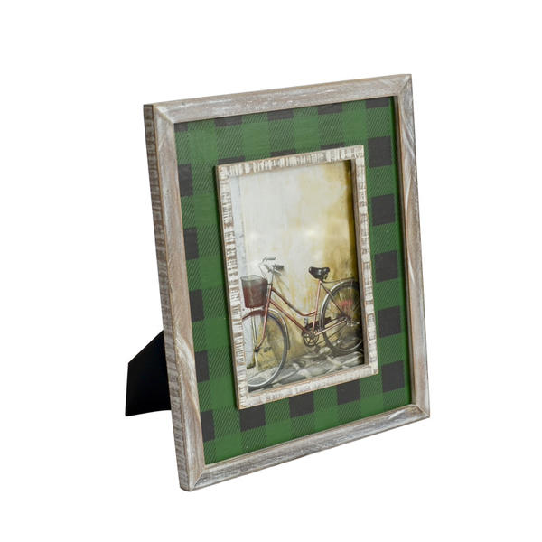 Wooden photo frame with green plaid, rectangular 19S479-2