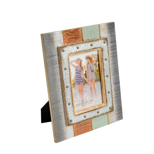 Wooden photo frame with metal inner frame,  colorful stripe design, rectangular 19S494