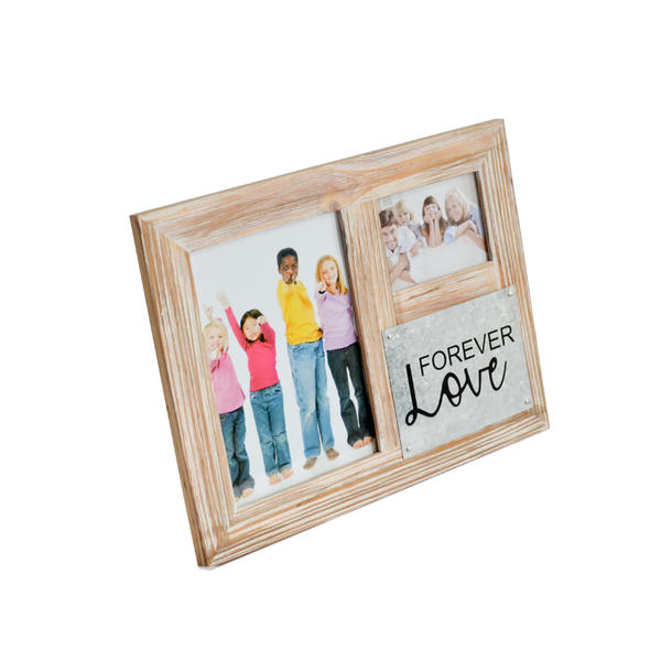 Wooden double photo frame with metal wording décor.  ' Forever Love ' 19S503