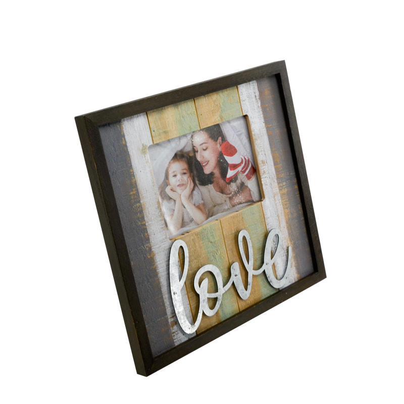 Thin framed wooden photo frame, stripe dsign with tin word ' love ' 19S525
