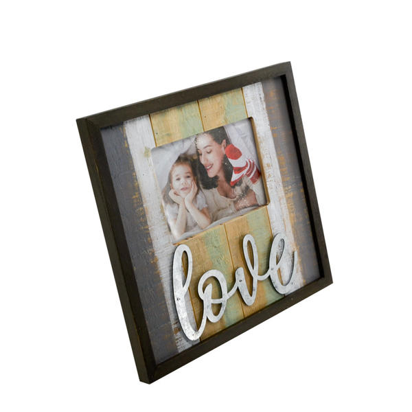 Thin framed wooden photo frame, stripe dsign with tin word ' love ' 19S525