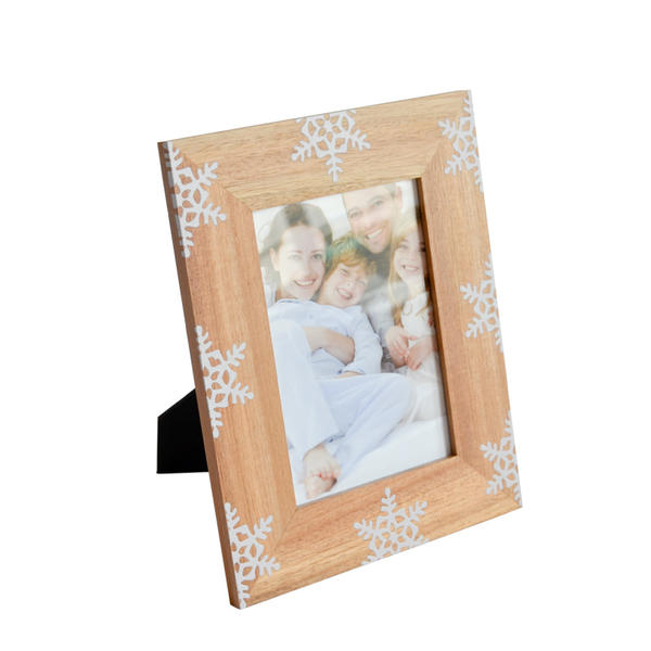 Wooden photo frame with white printed white snow flake, rectangular 19S632