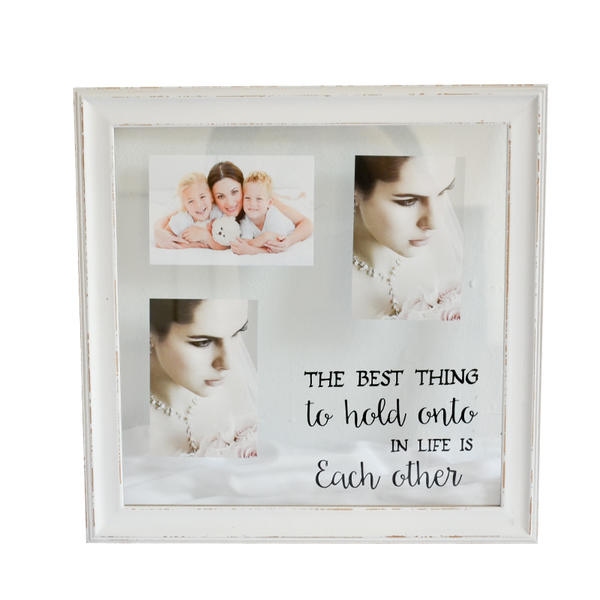 White distressed MDF photo frame,  family photo frame, 3 in one, with wording 19S645
