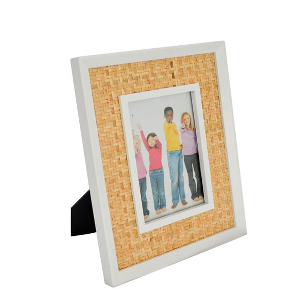 Rattan weaved background MDF photo frame, white, ractangular 19S664