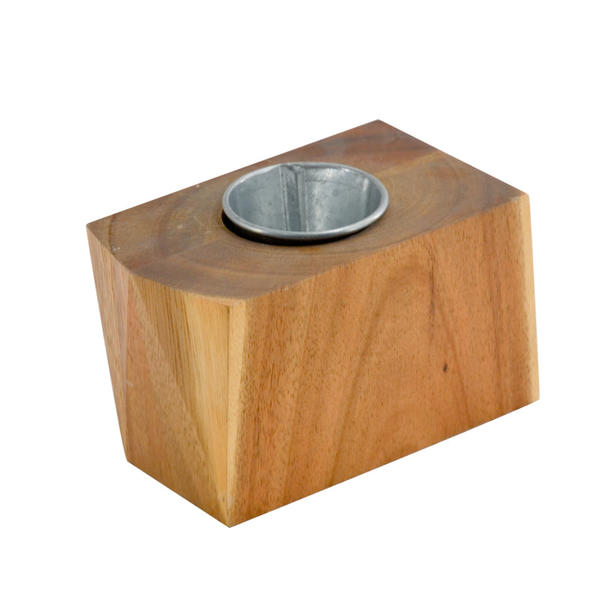 Wooden cube tealight holder, natural wood color, clear painted AL079