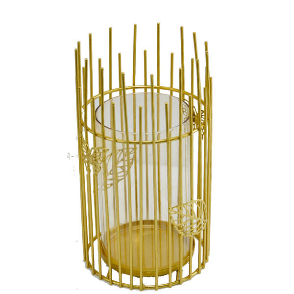 Metal and glass hurricane lamp, candle holder.  Golden finish.  Modern concise design AL116