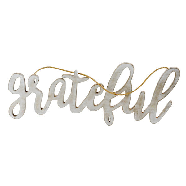 MDF wording decoration, Distressed shabby chic design, Wall mounted style with hemp rope sling. ' grateful ' AL163