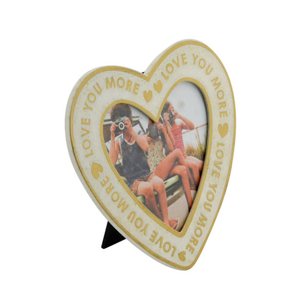 MDF heart shaped photo frame,  white with gold wording ' love you more ' circling AL183