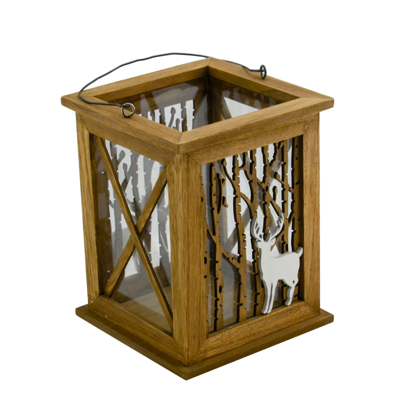 Wood and glass hurricane lamp.   X'mas design AL256