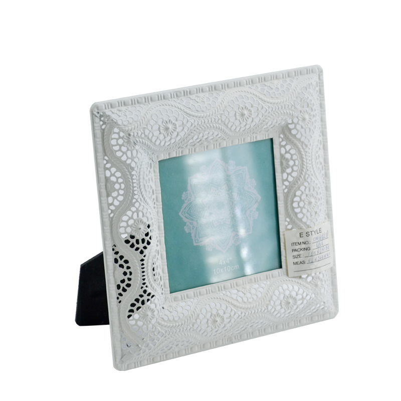 Metal photo frame, tin lace framed, white, square AL275