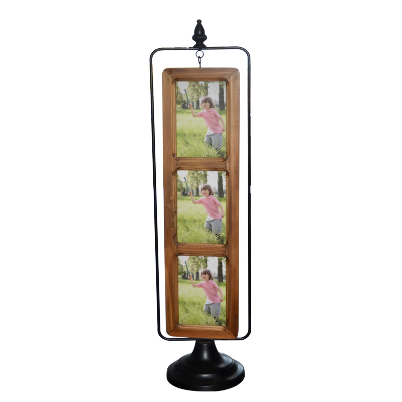 Metal and wood triple table photo frame, vertical style with metal base.  Metal black, photo frame brown AL279