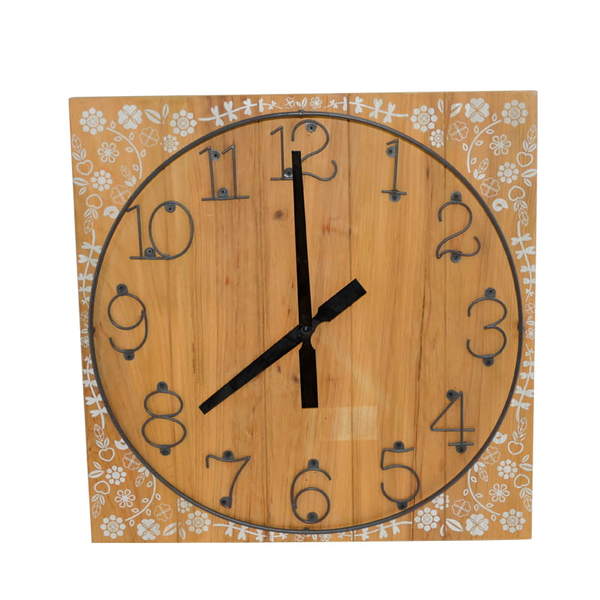Wood and metal clock, grey floral printed.  Square AL280