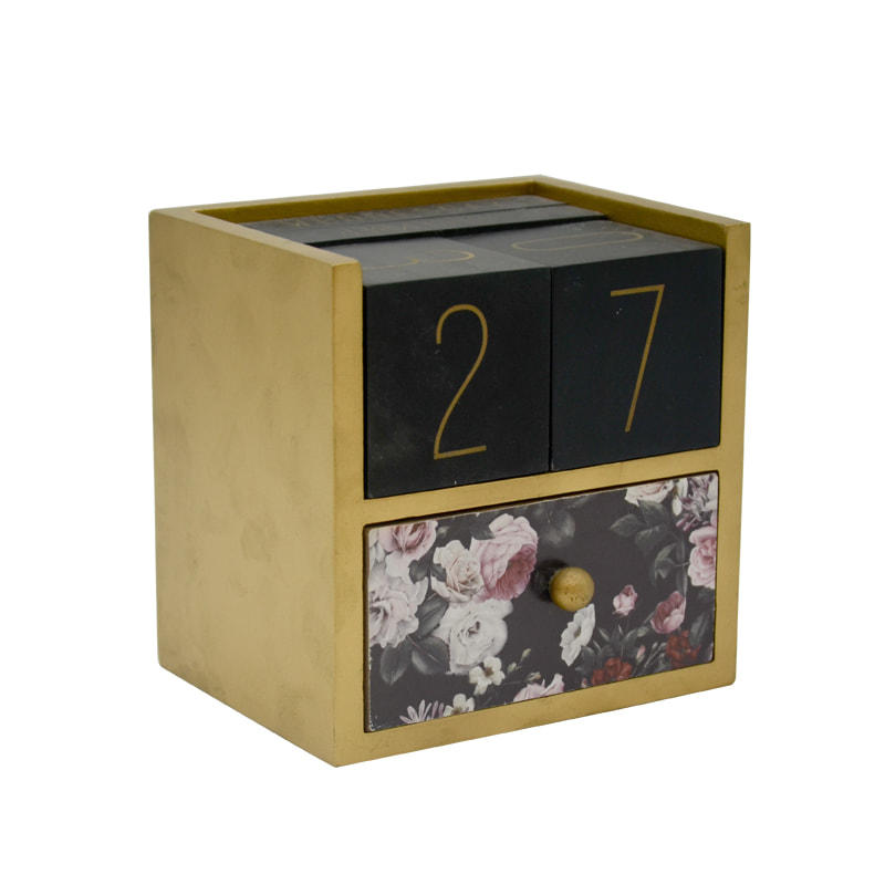 MDF and wood desk top calendar, Perpetual calendar, with storage drawer ALX0008