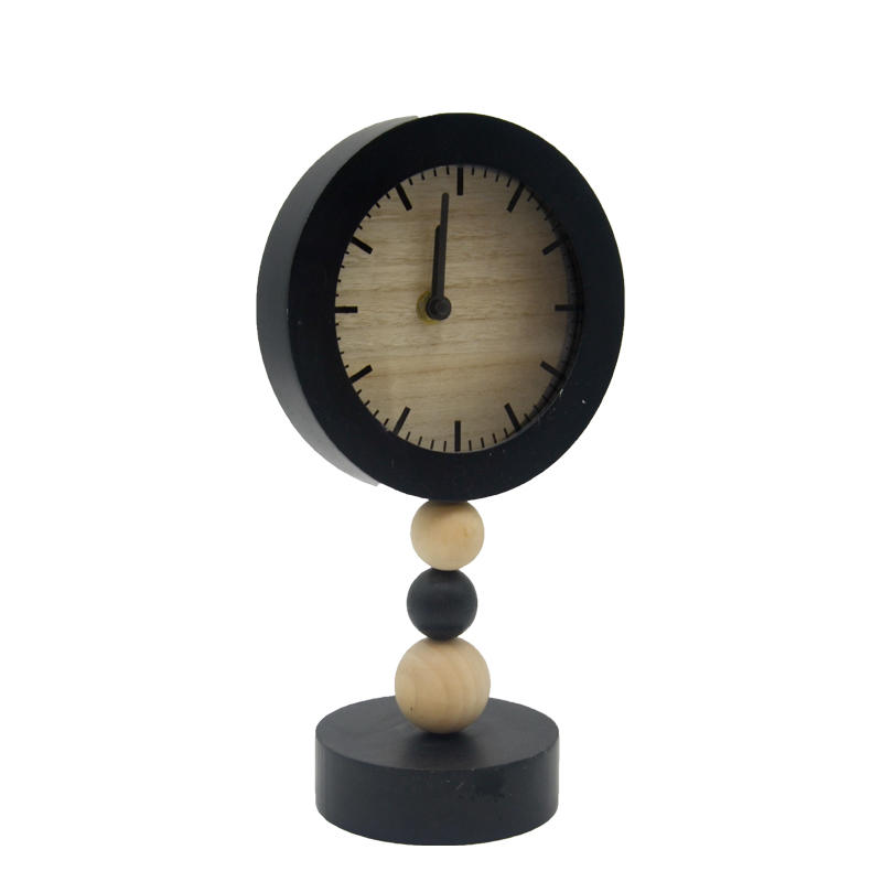 Black MDF round clock stringed with 3 wooden beads and end with round wooden base.  Modern concise design ALX0022