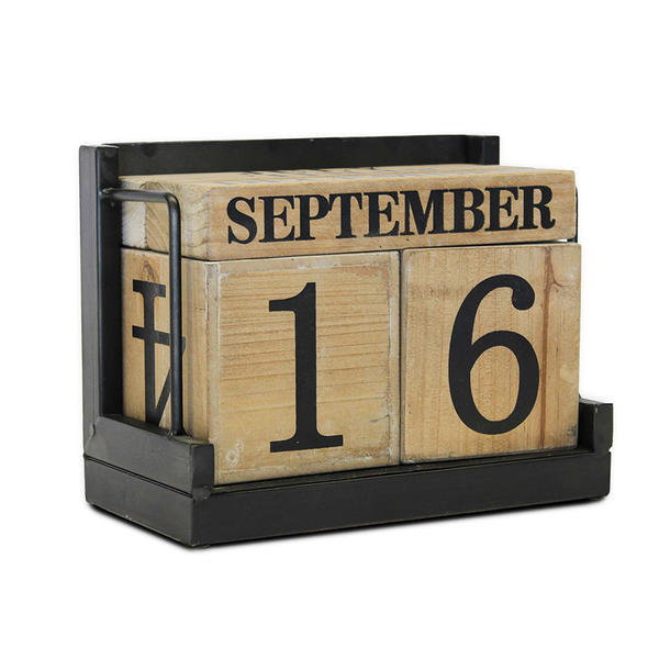 Metal sides framed wooden blocks calendar, desk top calendar, Perpetual calendar, Vintage distressed ALY0103