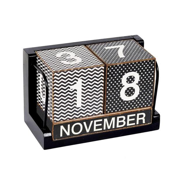 MDF and wood black and white desk top calendar, Perpetual calendar,  waves and stars densely printed ALY0126