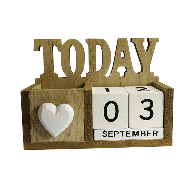 Veneered MDF desk top calendar, Perpetual calendar, with cutout word ' TODAY ' reminder.   White heart decorated ALY0146