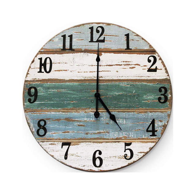 Round wooden clock, nautical design. Vintage distressed ALY0404