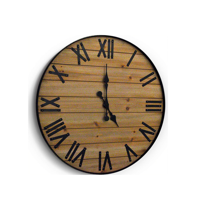 Round metal and wood clock, Black metal ring framed, vintage style ALY0405