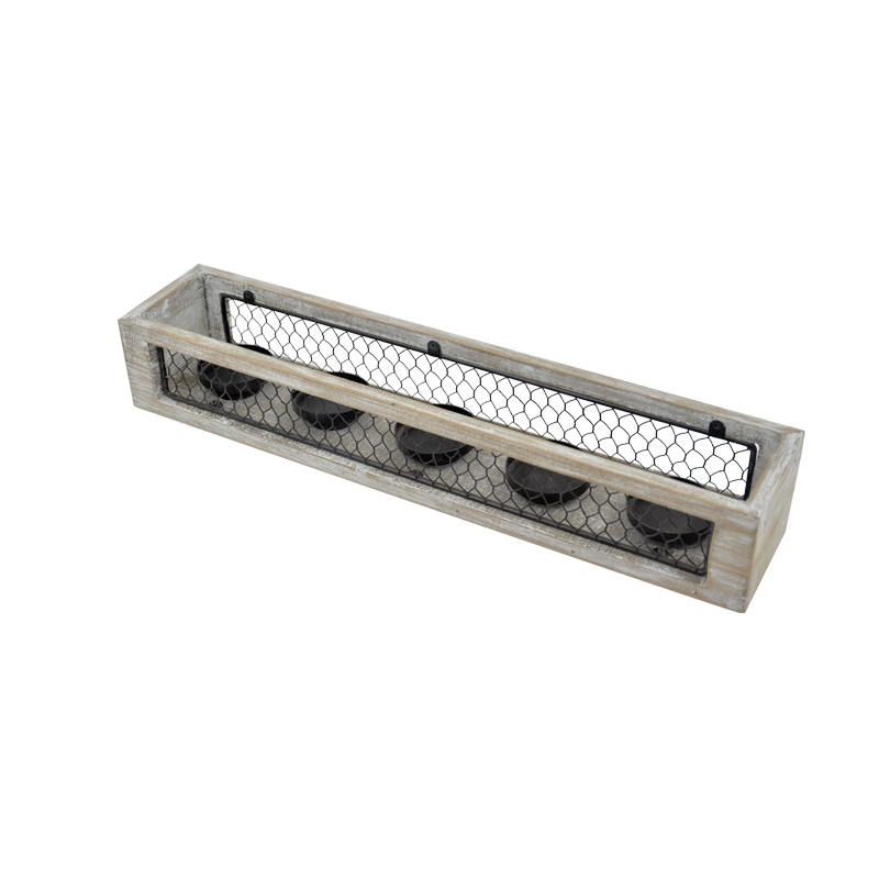 Wood and metal framed tealight holder for 5, gray finish and vintage distressed FH195