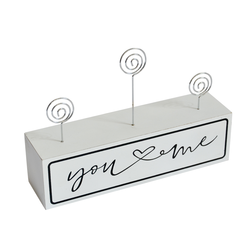 MDF and metal photo and name card clips.  White MDF base with wording 19S445
