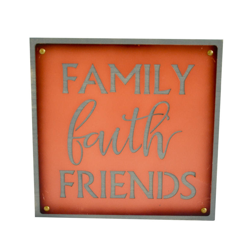 Wooden wording wall plaque, orange background, square 19S521