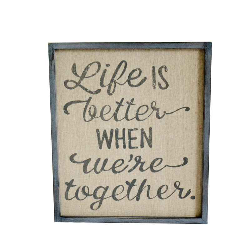 Wood and fabric wording wall plaque, linen background, vintage 19S566