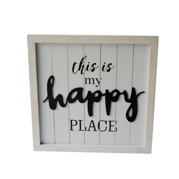 Wood and MDF wording wall plaque, white distressed, square 19S592