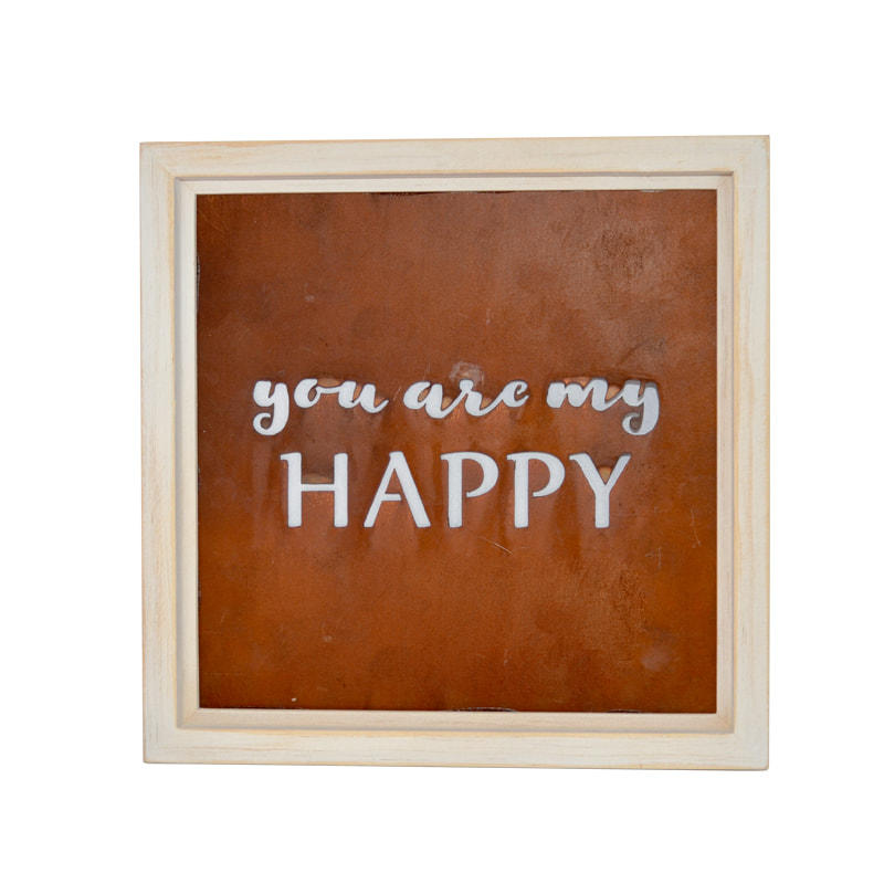 Wood and MDF wording wall plaque, white distressed frame, brown background with MDF words 19S692