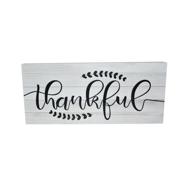 Wooden thanksgiving wall plaque.  Gray white distressed 19SH-50