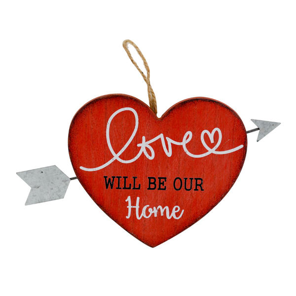 MDF valentine heart wall plaque, red with wording and metal arrow AL127