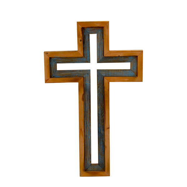 Wooden nested double cross with blue distressed cross inlay the brown one AL154