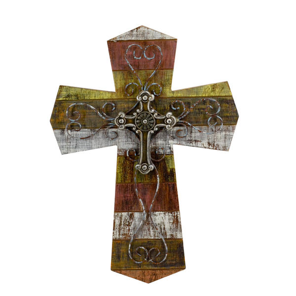 Wood and metal stripe cross, distressed, vintage, antique finish AL156