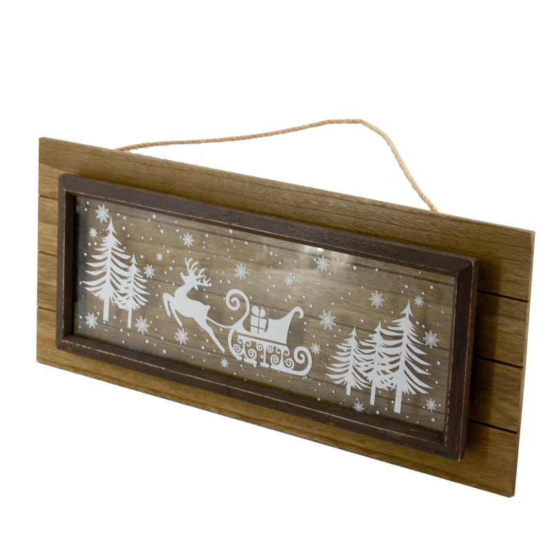 Wooden & glass printed X'mas wall plaque, vintage AL166
