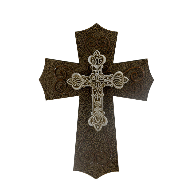 MDF & metal cross, dark brown crackle finish with victoria style metal cross AL191