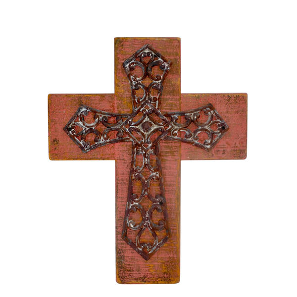 Wood & metal cross, carnation background wood cross with victoria style metal cross, yellow distressed,  vintage AL192