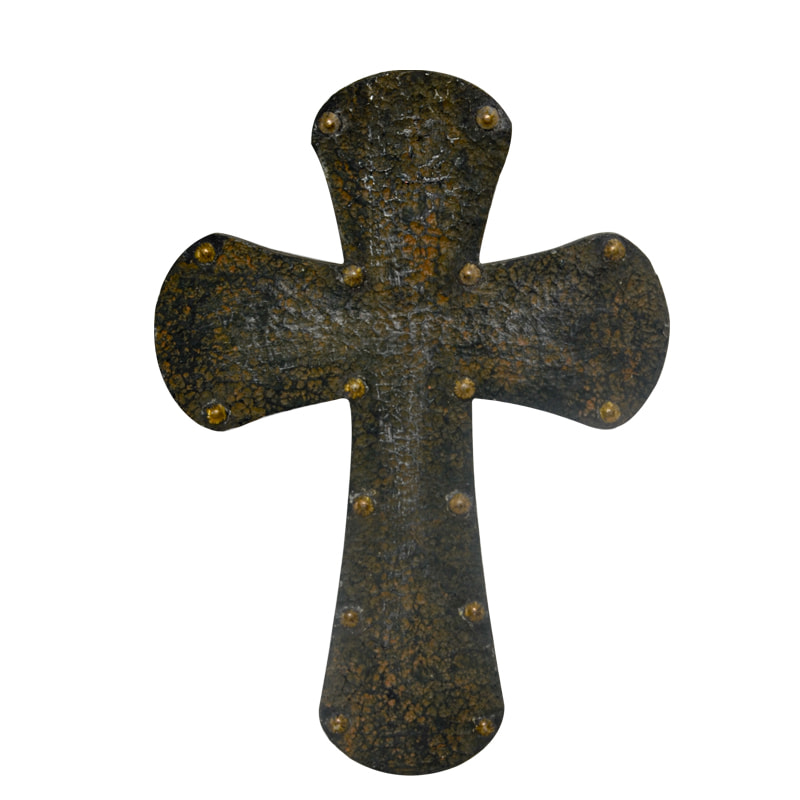 Metal cross, rough finish, black with yellow distress.  Vintage AL193