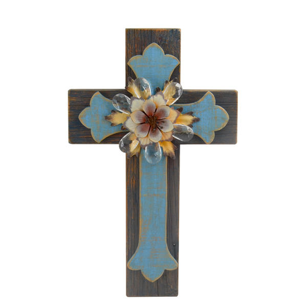 Wooden vintage cross, dark blue and light blue distressed with acrylic and metal flower AL194